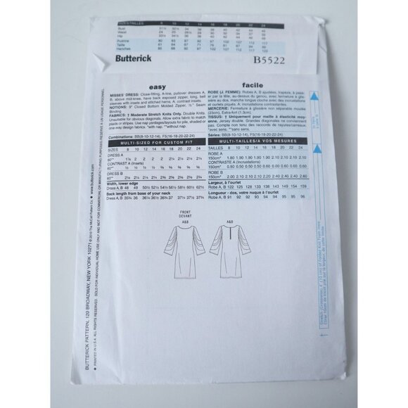 Misses Close Fitting A-Line Dress EASY Sewing Pattern - Butterick 5522 - Size 8 - Picture 3 of 3